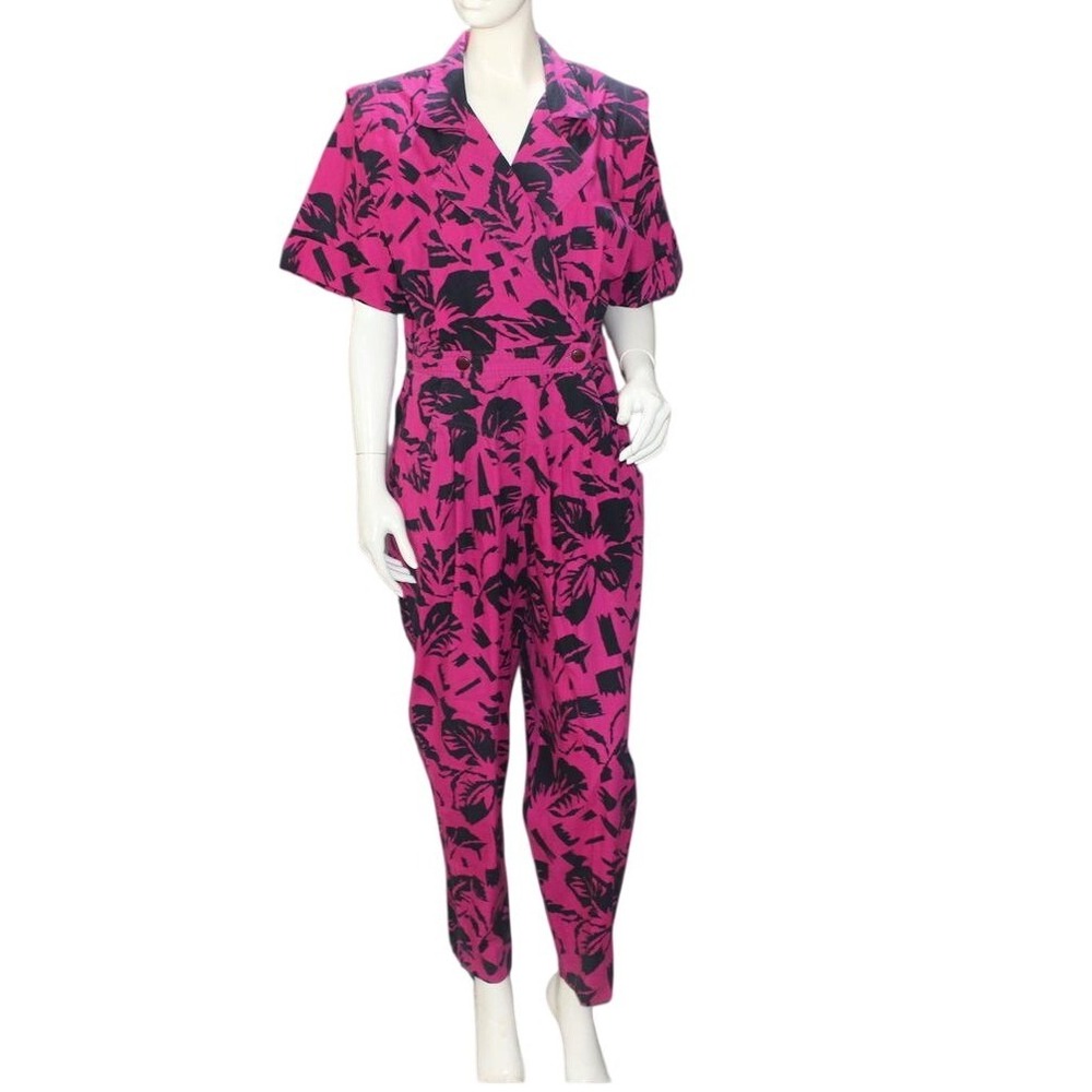Vintage Melissa Lane Pink Black Floral Wrap Jumpsuit Size 14 Cotton